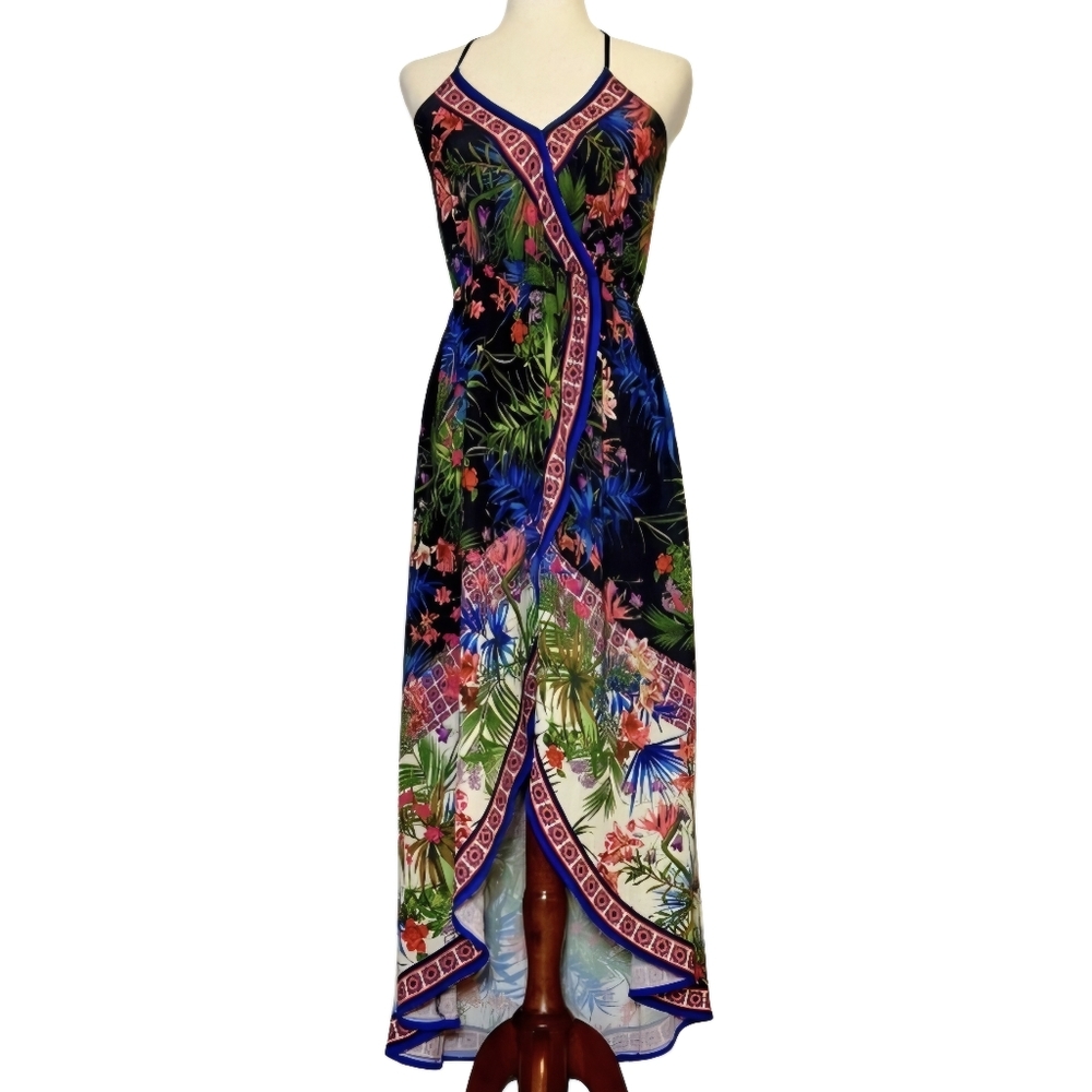 Flying Tomato Tropical Floral Faux Wrap Halter Dress Size XS